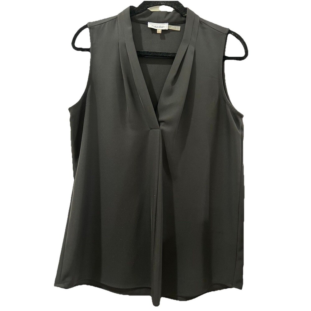 Calvin Klein Womans Size M Black Blouse with Inverted Pleat Collar V Neck